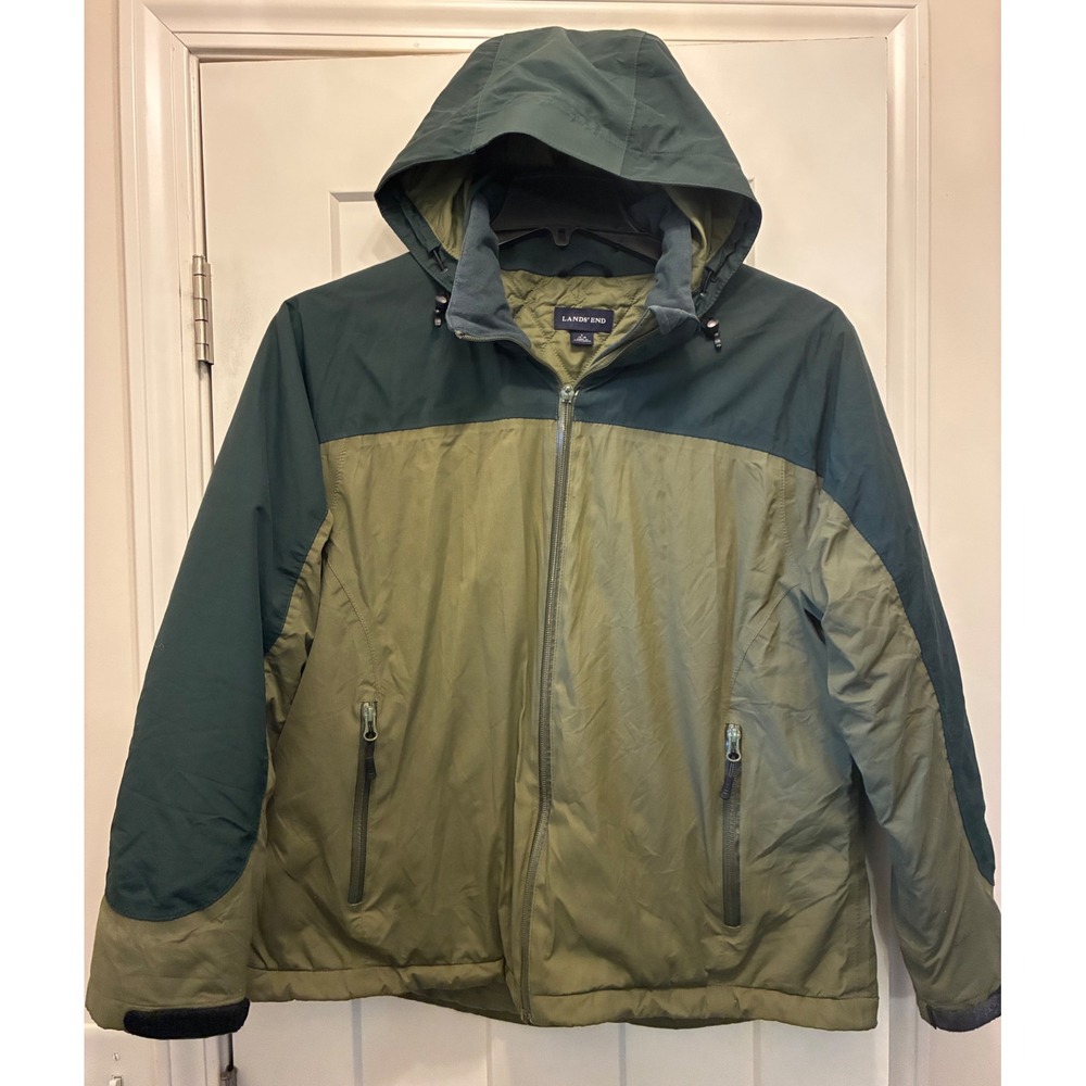 Lands End Squall Jacket Womens L 14-16 Green Hooded AquaCheck Insulated Parka